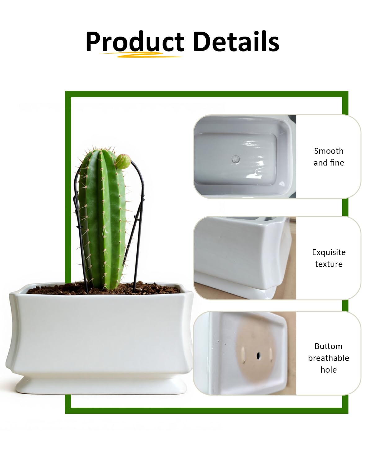 OXART Plant Pots, 11.8+9 inch Ceramic Planter, Indoor Pots Set with Drainage Holes, Flower Pot Rectangle Planters Pots with Hole Mesh Pad, Gifts for Mom, Decorative Ceramic Pots for Plants (White-4)