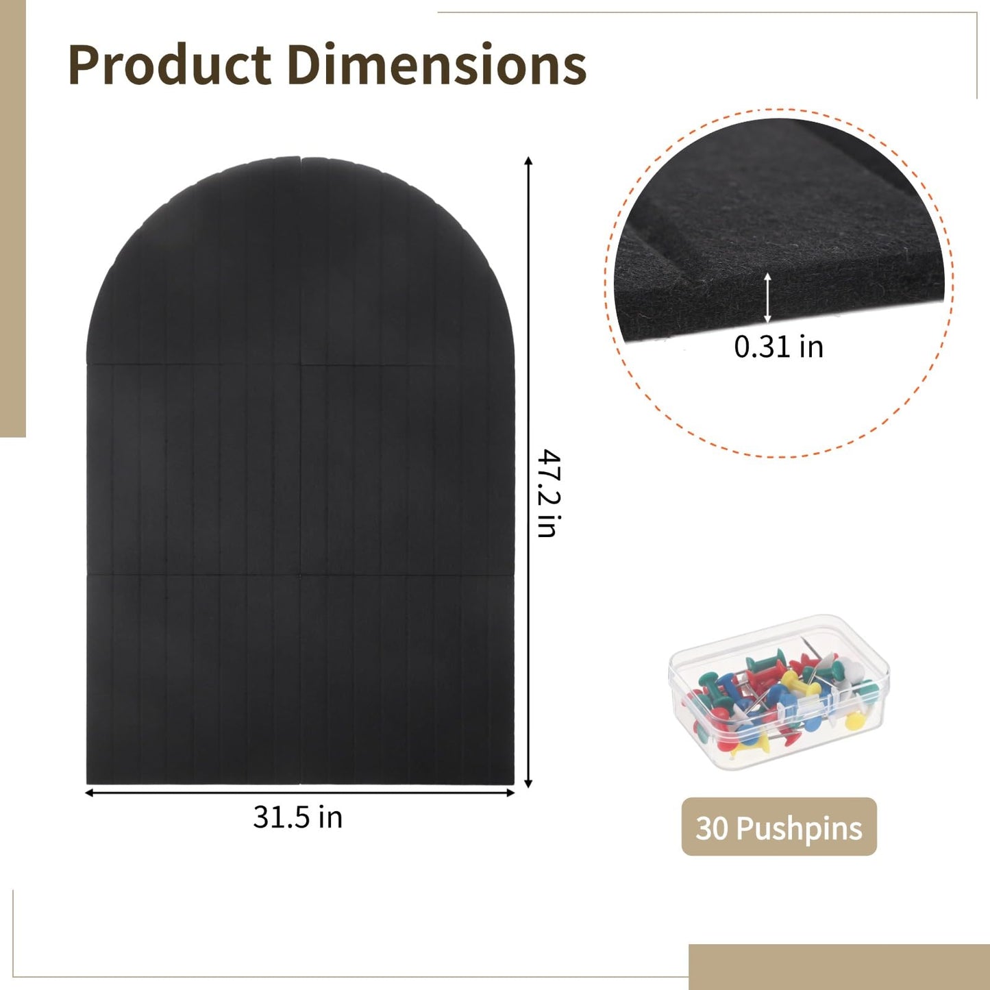 Arched Felt Bulletin Board - 47.2" x 31.5"x 0.31" Striped Cute Cork Boards with 30 Pushpins, Reusable Self-Adhesive Modular Panel for Office Home Decor & Photo Display (Black)