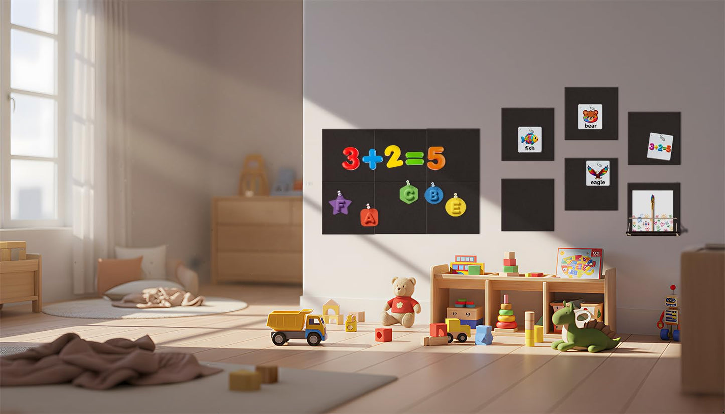 12 Pack Bulletin Boards 48" x 36" Alternative Cork Board for Office,Built-in Storage Device，Large Cork Boards for Walls ， Felt Wall Tiles, Contains Removable Security Stickers and PushPins (F-Black)
