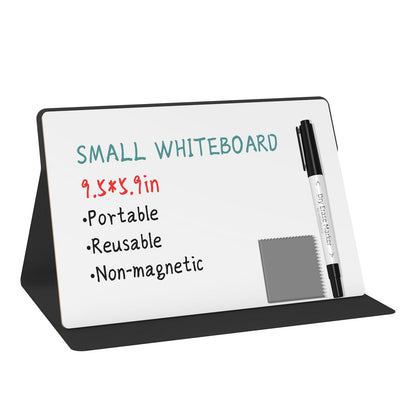 Portable Small White Board,Reusable Dry Erase Board with Stand,Desktop Whiteboard for Office Meeting Bussiness Home 9" x 6" with Marker, Wipe Cloth (Black)