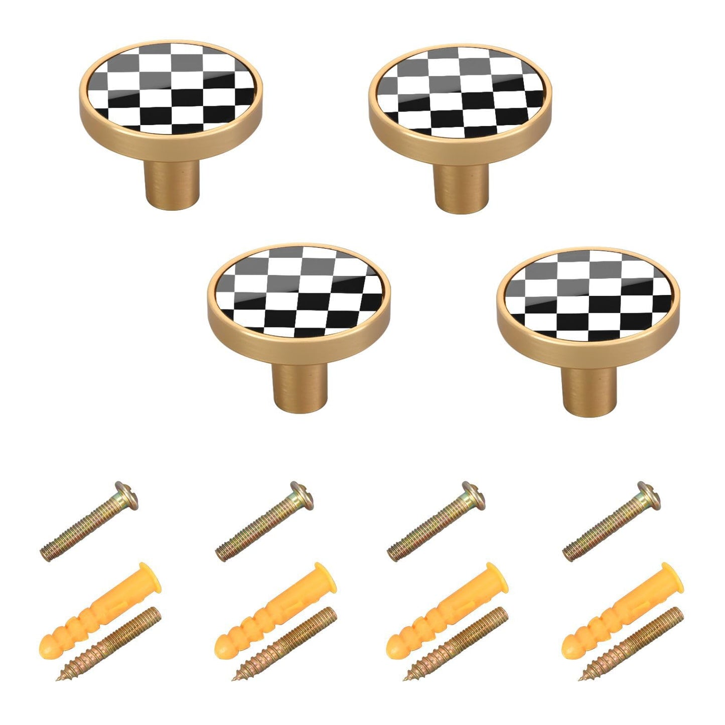 XDKDZIS Checkered Black White Grid 32mm Pull Handles for Cabinets Drawers 4 Pack Dresser Golden Metal Knobs
