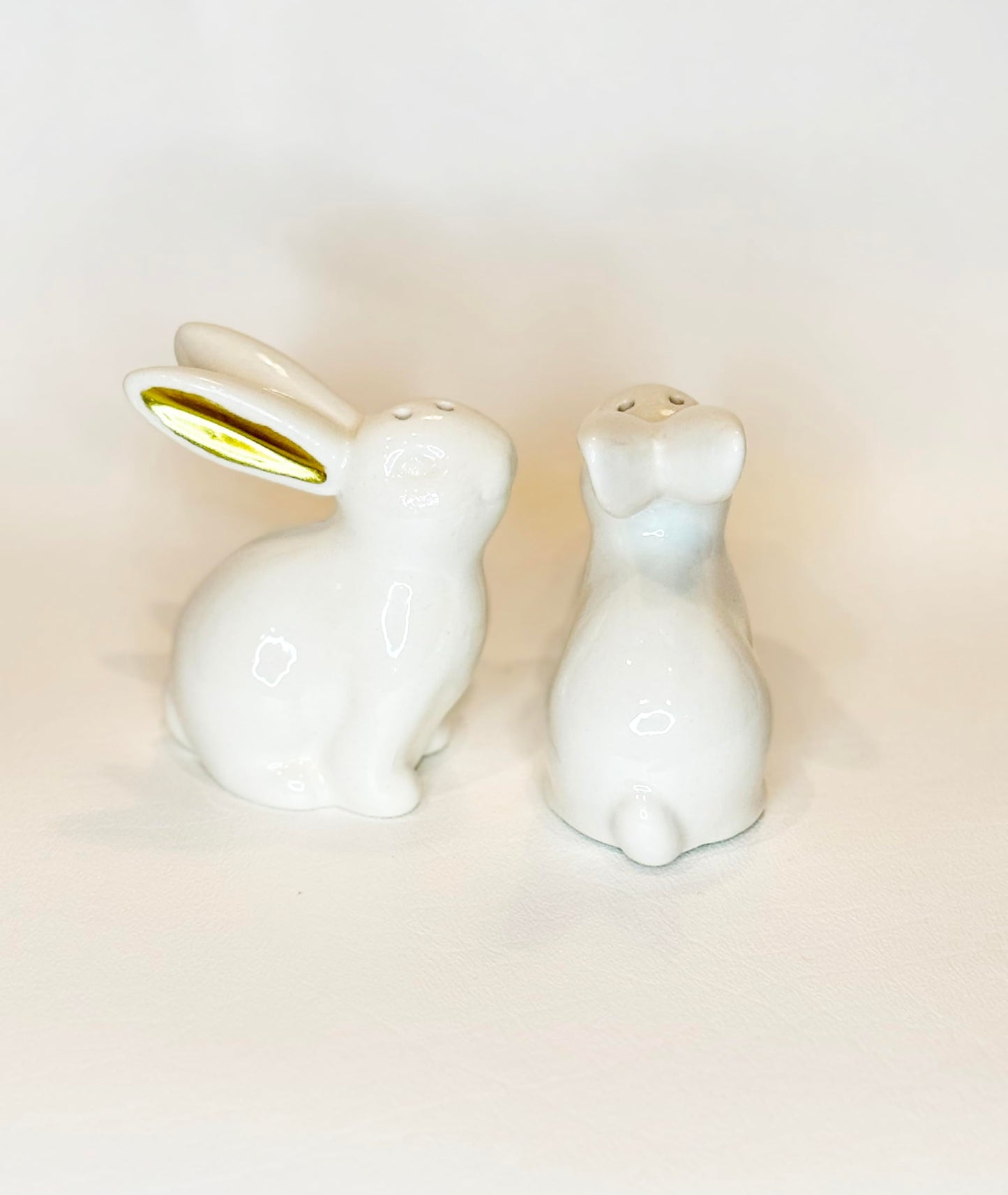 White Ceramic Easter Bunny Salt and Pepper Shaker Set with Gold Metallic Ears, 3" High, 2 Piece with Gift Box