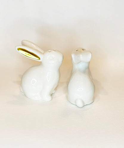 White Ceramic Easter Bunny Salt and Pepper Shaker Set with Gold Metallic Ears, 3" High, 2 Piece with Gift Box
