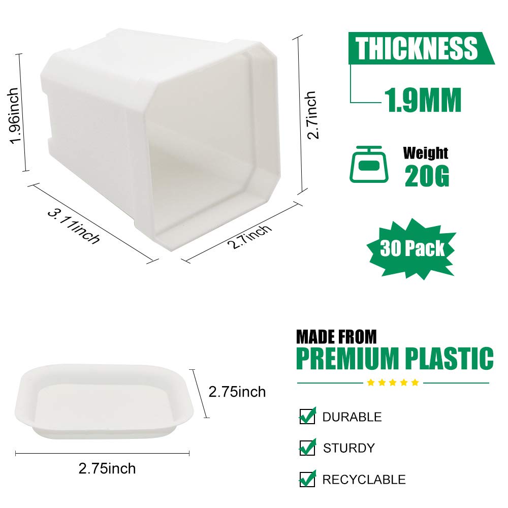 foxany 30 Pcs 3" Nursery Pot, Thick Plastic Square Flower Planting Pots, Plant Seedling Pots, 30 Seed Starting Pots with 30 Saucers - White