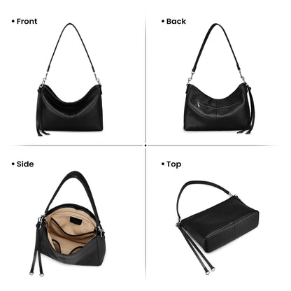 befen Genuine Leather Hobo Bag for Women, Lightweight Crossbody Shoulder Purse with Anti-Theft Clip, Soft Leather Shoulder Handbags with 3 Zippers Pockets for Travel with Adjustable Strap, Black