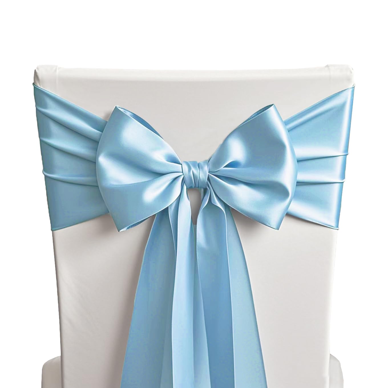 SINSSOWL 50 Baby Blue Chair Sashes Satin Chair Bows for Wedding Birthday Party Fiesta Decor - 7x108 Inches Ribbons Ties Fitted Banquets Folding Decorations