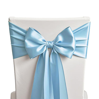 SINSSOWL 50 Baby Blue Chair Sashes Satin Chair Bows for Wedding Birthday Party Fiesta Decor - 7x108 Inches Ribbons Ties Fitted Banquets Folding Decorations