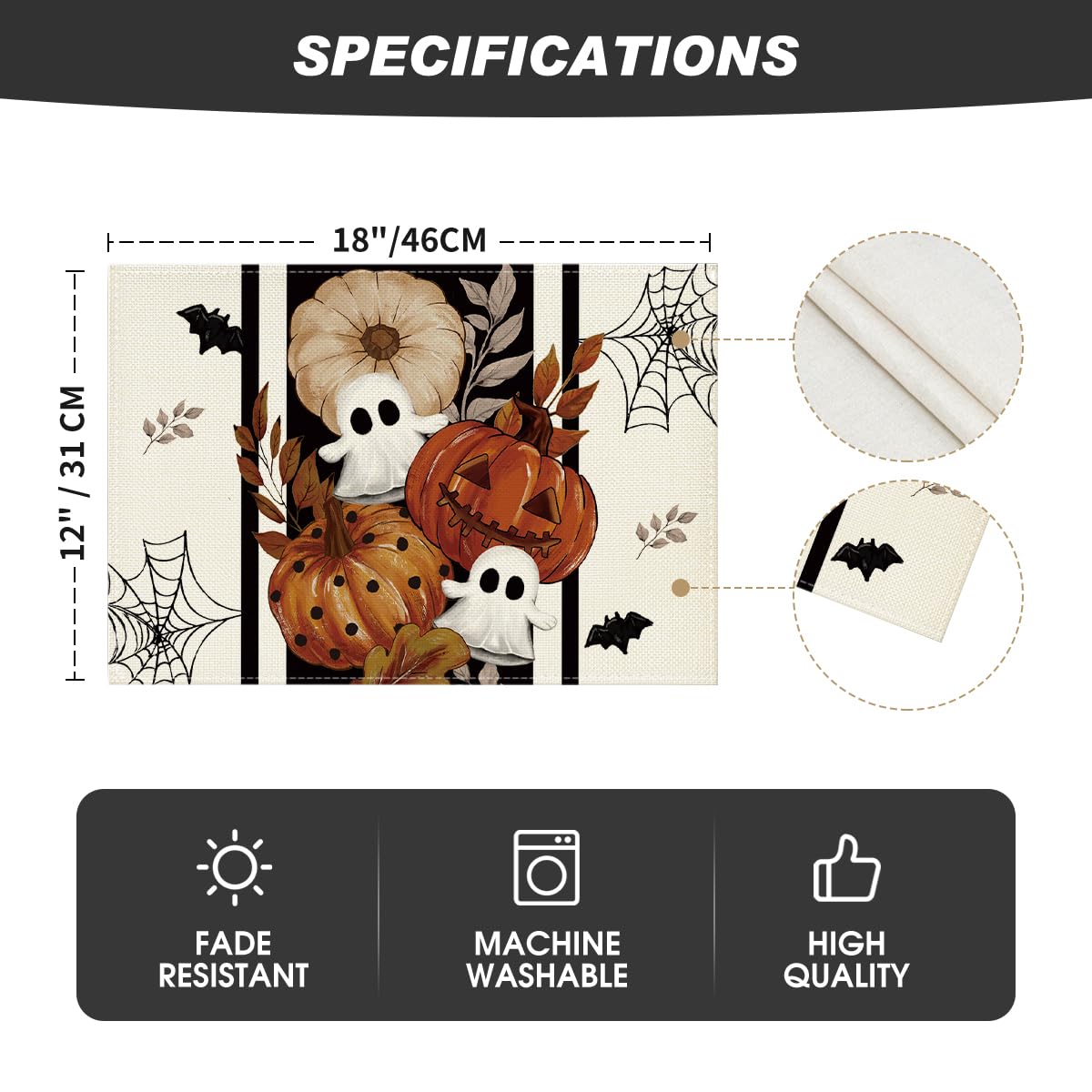 Artoid Mode Spider Web Ghost Spooky Halloween Placemats Set of 6, 12x18 Inch Stripes Seasonal Table Mats for Party Kitchen Dining Decoration