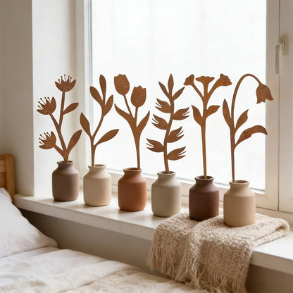 hogardeck Garden Decor for Outside, 6 Pcs Rusty Metal Flower Garden Stakes with Fern Leaf Design for Outdoor Yard Art, Rustic Plant Stakes for Flower Bed, Pot, Vase
