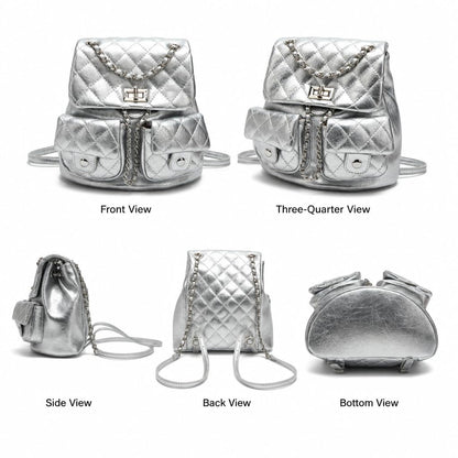 COC.EFRENAR Quilted Mini Backpack for Women, Chain Strap Small Purse with Flap Closure, Fashion Shoulder Bag Cute Travel Daypack(Silver)