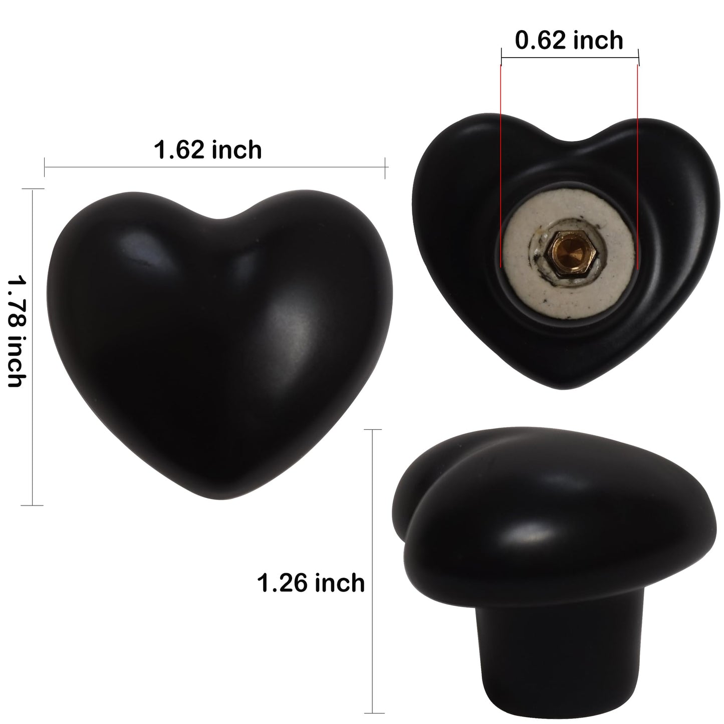Perphin Ceramic Drawer Knobs Heart Shape Cabinet Dresser Pulls Handles with 3 Sized Screws, Kitchen Furniture Knobs for Closet Cupboard Wardrobe (6, Black)