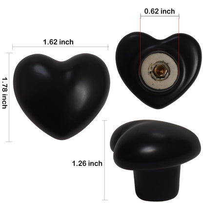 Perphin Ceramic Drawer Knobs Heart Shape Cabinet Dresser Pulls Handles with 3 Sized Screws, Kitchen Furniture Knobs for Closet Cupboard Wardrobe (6, Black)