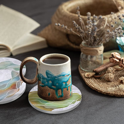 UMIRRO Ceramic Stone Coasters for Drinks Absorbent with Holder | Agate Style Coasters Set with White Marble Texture Background | Cool Cup Mat with Geode Pattern | Unique Fancy Tabletop Protection Mat