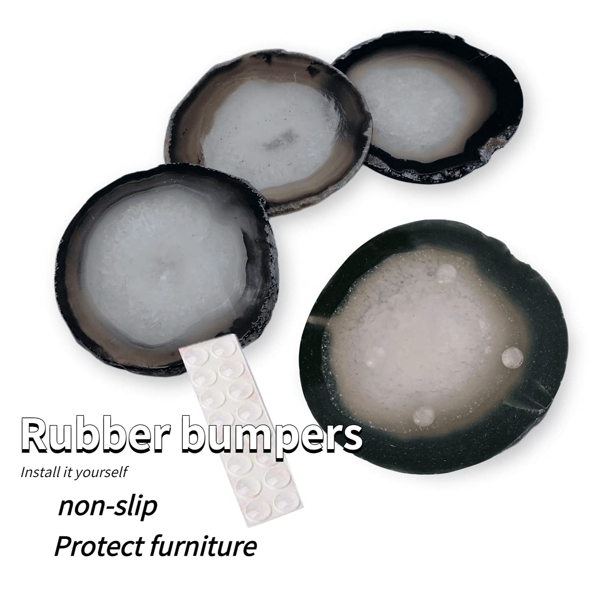 Gray Agate Coaster Drinks Crystal Cup Stone Coasters Set of 4 Geode Agate Slices with Rubber Bumpers for Coffee, Wine or Bar Glasses (4"-5")