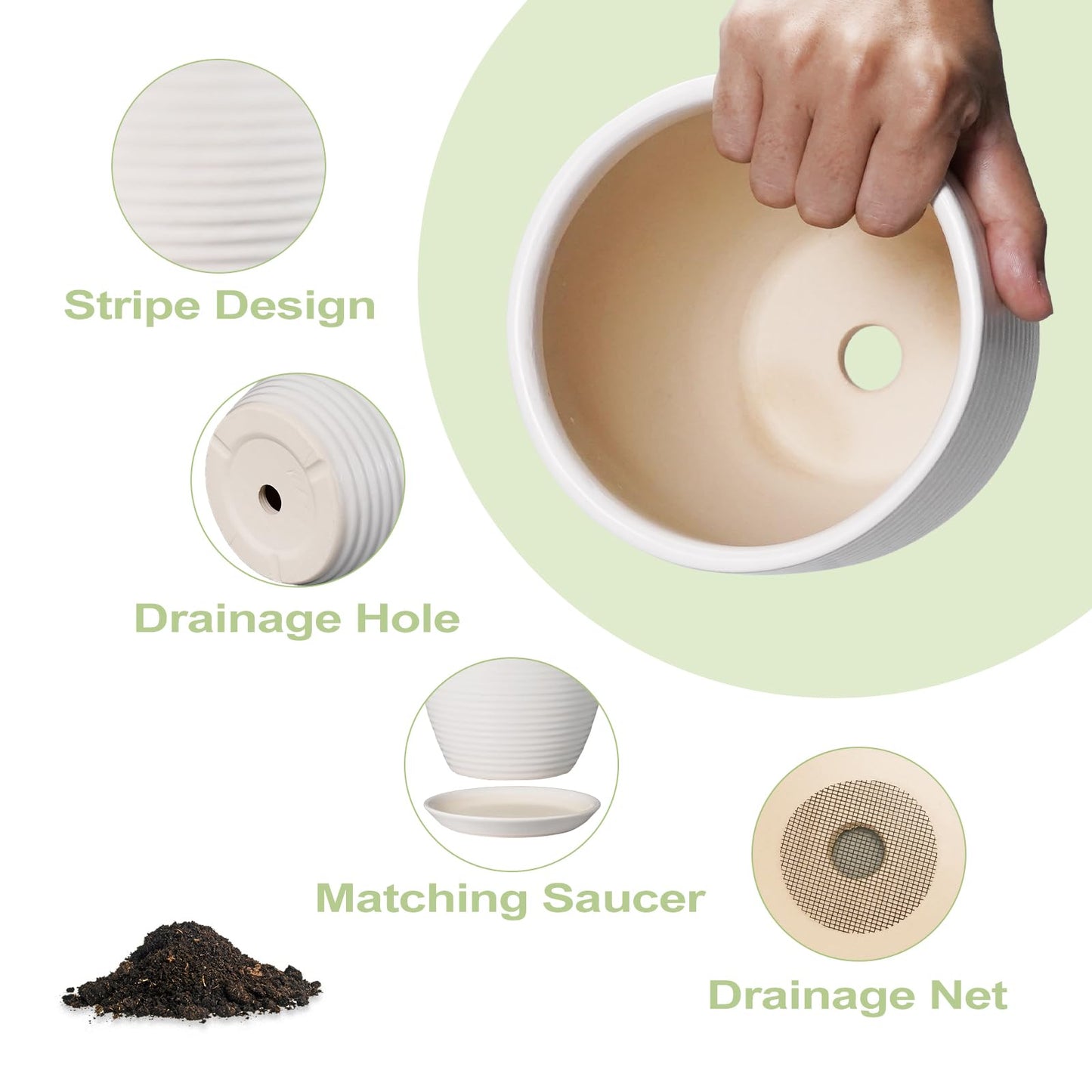 EPFamily Ceramic Pots for Plants - 6 Inch Plant Pot with Drainage Hole and Saucer, Round Planters for Indoor Outdoor, Flower Pots, Modern Planter, Home Office Room Decor, Gifts for Plant Lovers, White
