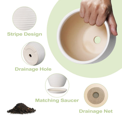 EPFamily Ceramic Pots for Plants - 6 Inch Plant Pot with Drainage Hole and Saucer, Round Planters for Indoor Outdoor, Flower Pots, Modern Planter, Home Office Room Decor, Gifts for Plant Lovers, White