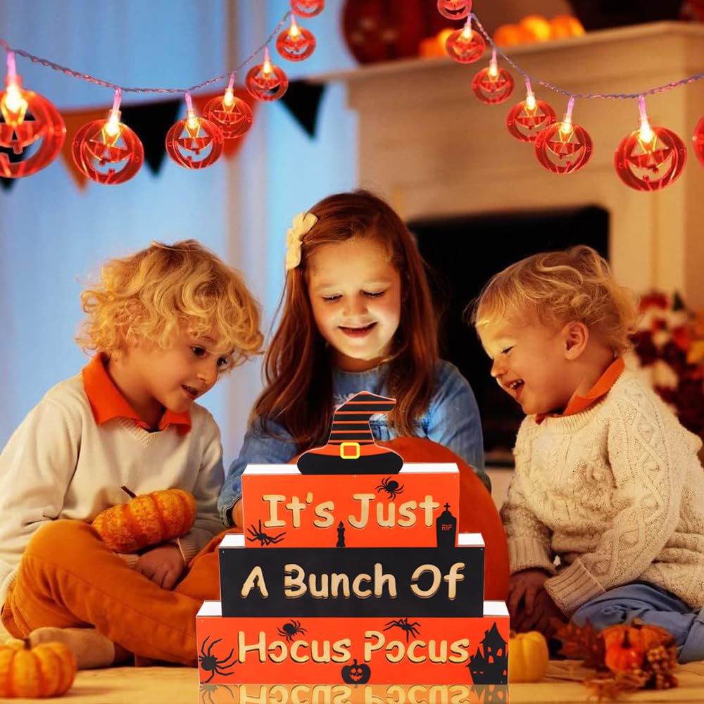 GOSUOA Halloween Wooden Block Sign with Led Lights Letters,Halloween Decorations Indoor,Halloween table decor,Battery Operated Halloween Party Decorations for Mantels, Tiered Trays, Shelves