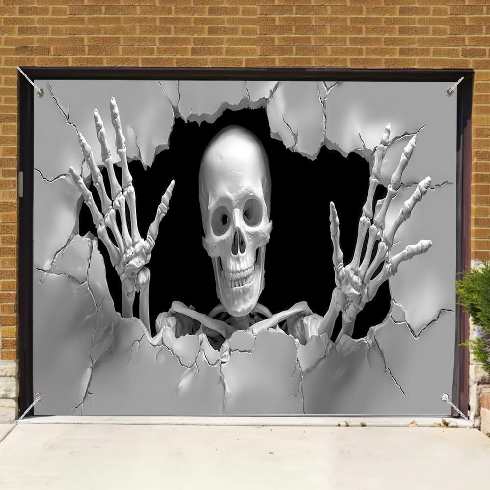 WDESYADMS Skeleton Garage Door Cover 157.48 × 70.87 Inch Scary 3D Cracked Wall Skeleton Garage Door Decoration for Outdoor Halloween Party Yard Home Decor