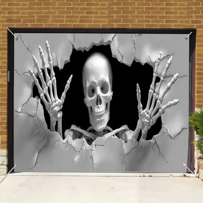WDESYADMS Skeleton Garage Door Cover 157.48 × 70.87 Inch Scary 3D Cracked Wall Skeleton Garage Door Decoration for Outdoor Halloween Party Yard Home Decor