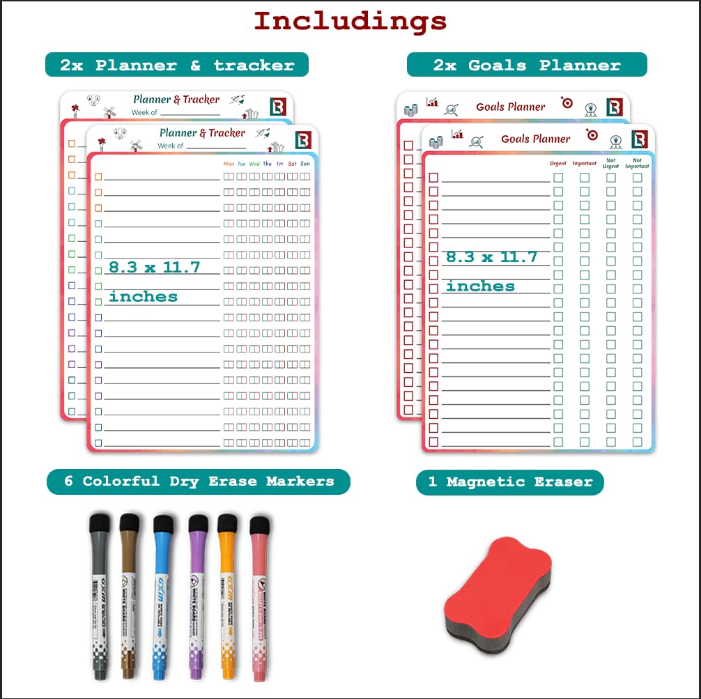 LAMBOCK 4 PCS Reusable Dry Erase Habit Tracker & Goal Planner |8.3 x 11.7''| with 6 PCS Magnetic Dry Erase Markers, Used as Fitness Planner, Reward, Behavior Chart & Chore Chart for Kids and Adults…