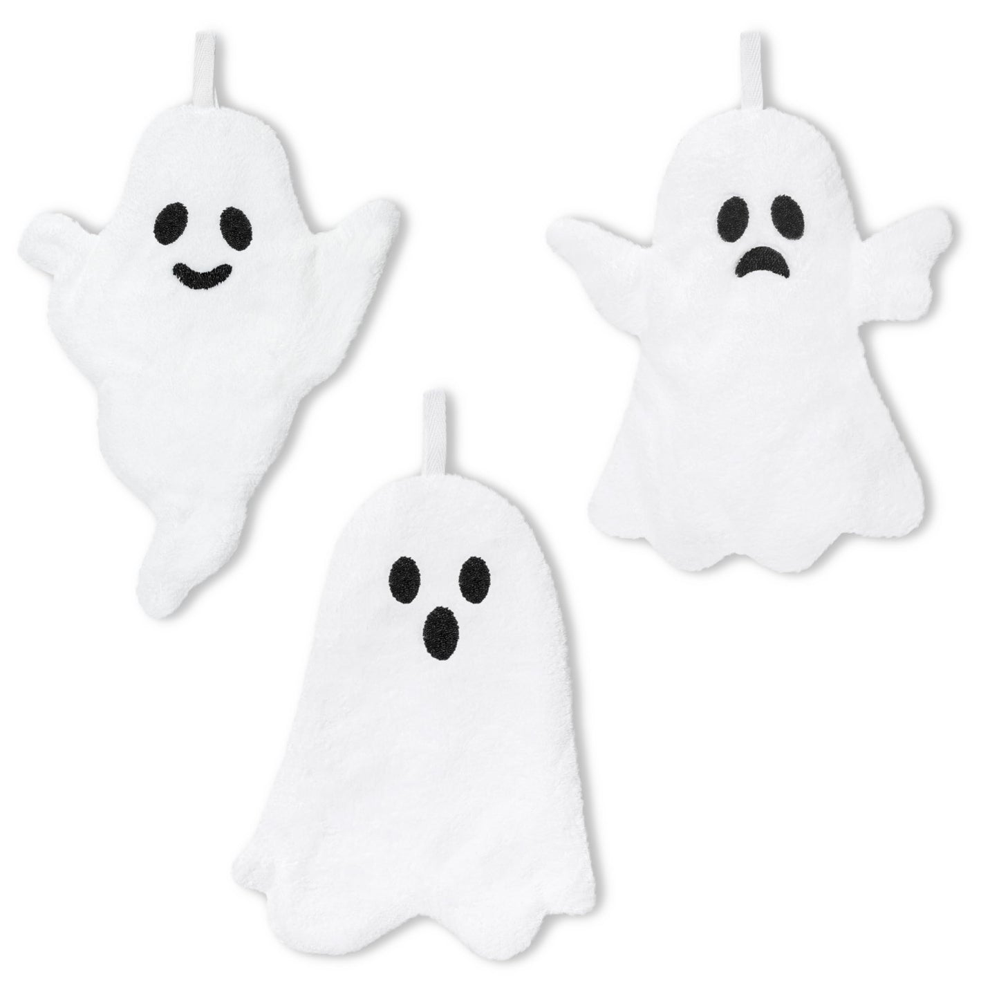 R HORSE Halloween Hand Towels - 3Pcs Halloween White Ghost Bathroom Towels with Hanging Loop Absorbent Coral Fleece Bathroom Hand Towel Soft Thick Dish Cloth for Kitchen Home Decors Holiday Party Gift