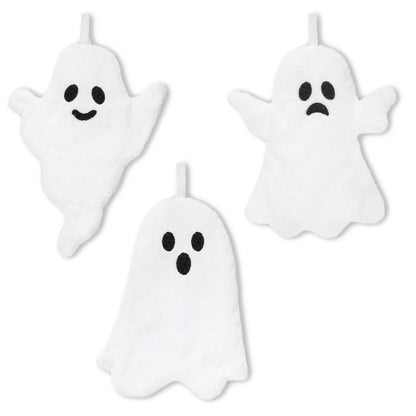R HORSE Halloween Hand Towels - 3Pcs Halloween White Ghost Bathroom Towels with Hanging Loop Absorbent Coral Fleece Bathroom Hand Towel Soft Thick Dish Cloth for Kitchen Home Decors Holiday Party Gift