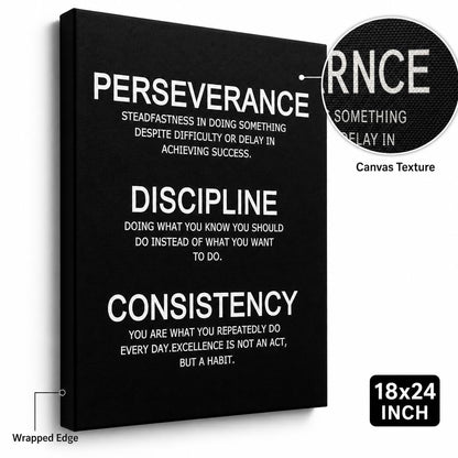 PJQART Inspirational Posters for Office Canvas Wall Art, Perseverance Discipline Consistency Definition Print for Home Office Dorm Classroom, Framed Black White, 24x18inch