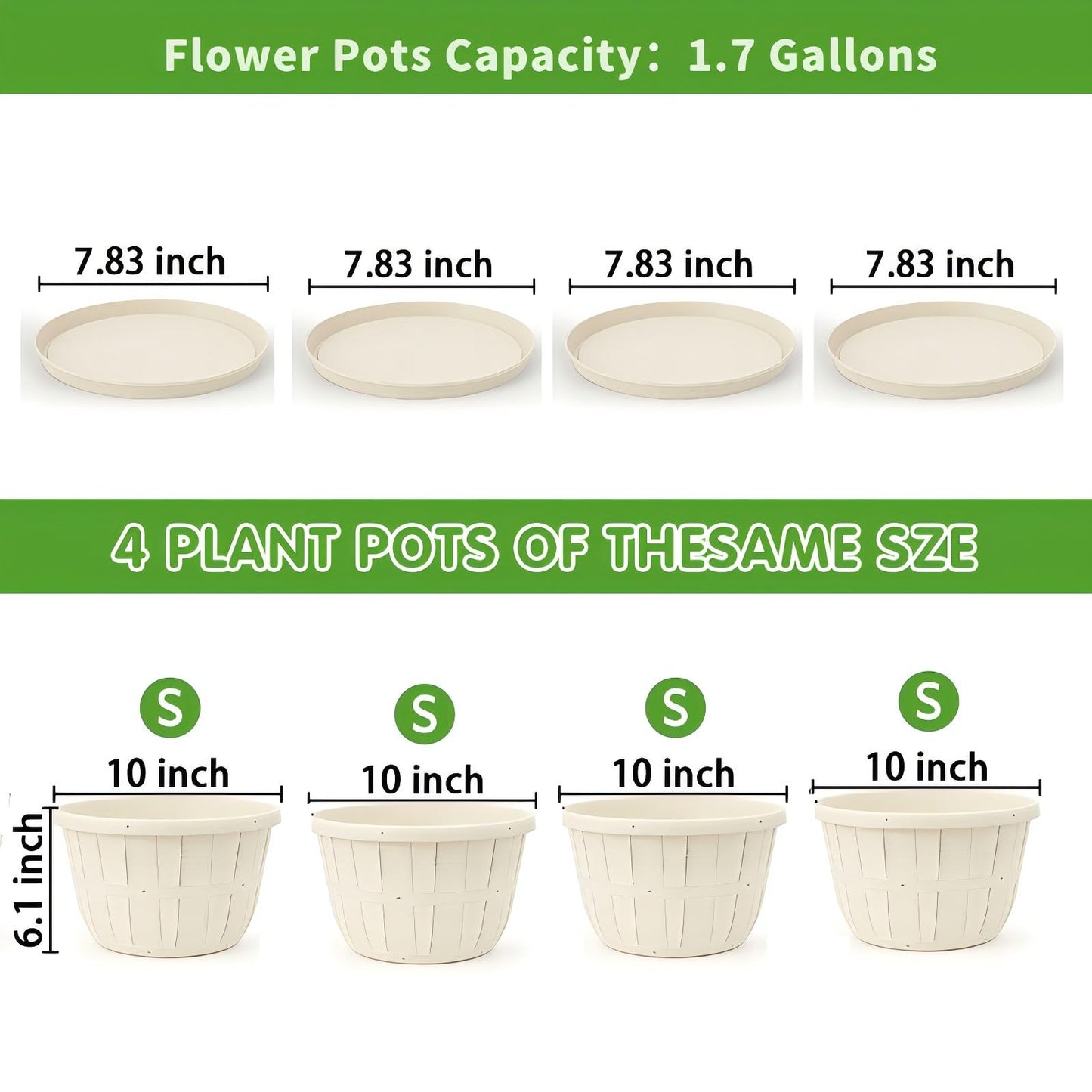 Quarut 10 inch Plastic Flower Pots for Indoor Plants，4 Pack Large Outdoor Planter Pot with Drainage Holes & Saucers，Imitation Wine Barrel Design，for Indoor Outdoor Garden Plants（White）
