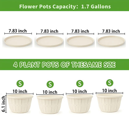 Quarut 10 inch Plastic Flower Pots for Indoor Plants，4 Pack Large Outdoor Planter Pot with Drainage Holes & Saucers，Imitation Wine Barrel Design，for Indoor Outdoor Garden Plants（White）