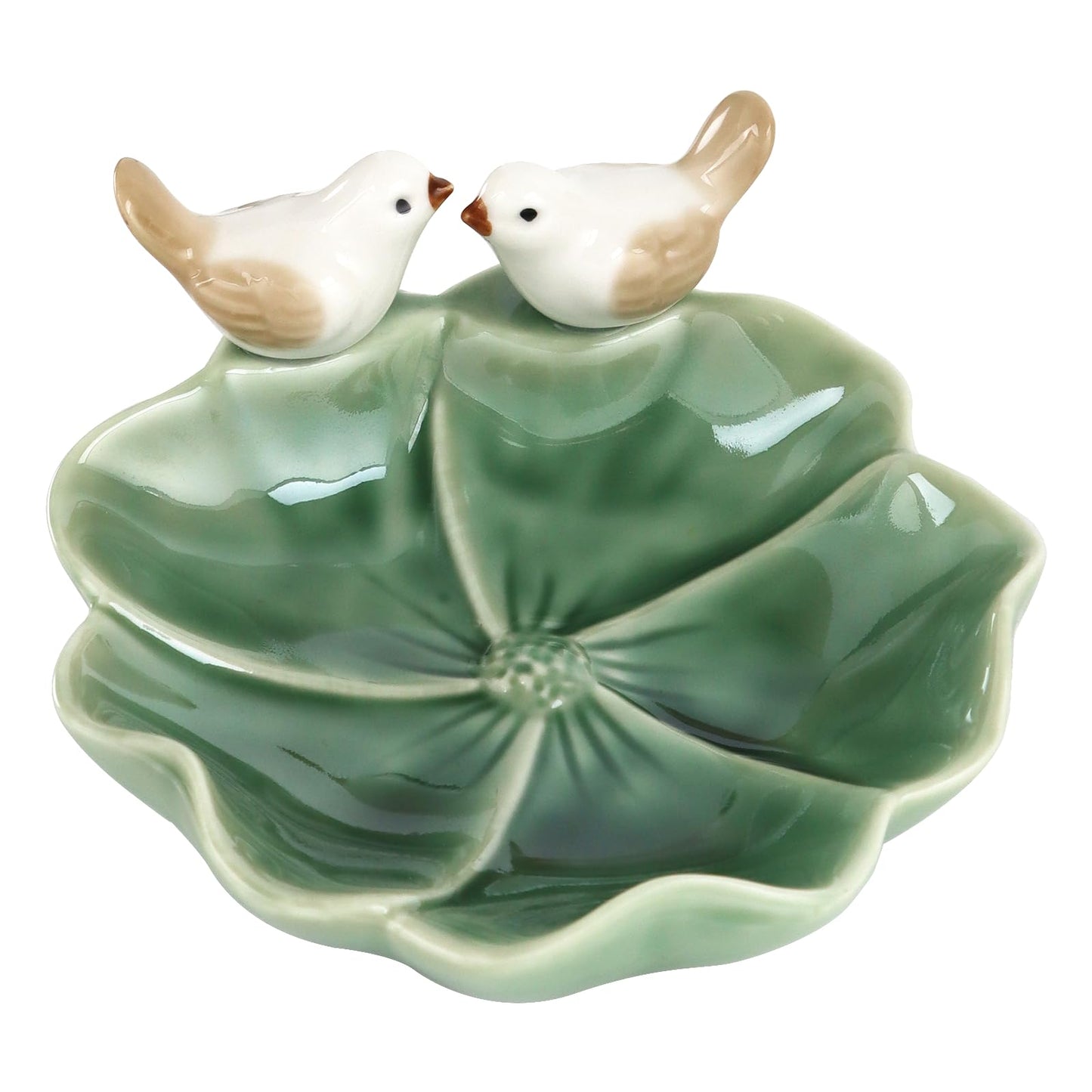 Fordonral Ceramic Jewelry Tray Trinket Dish Decorative Cute Bird & Lotus Leaf Ring Holder Dish Aesthetic Room Vanity Decor (Green)