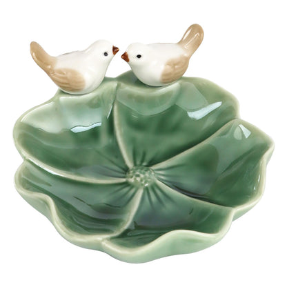 Fordonral Ceramic Jewelry Tray Trinket Dish Decorative Cute Bird & Lotus Leaf Ring Holder Dish Aesthetic Room Vanity Decor (Green)