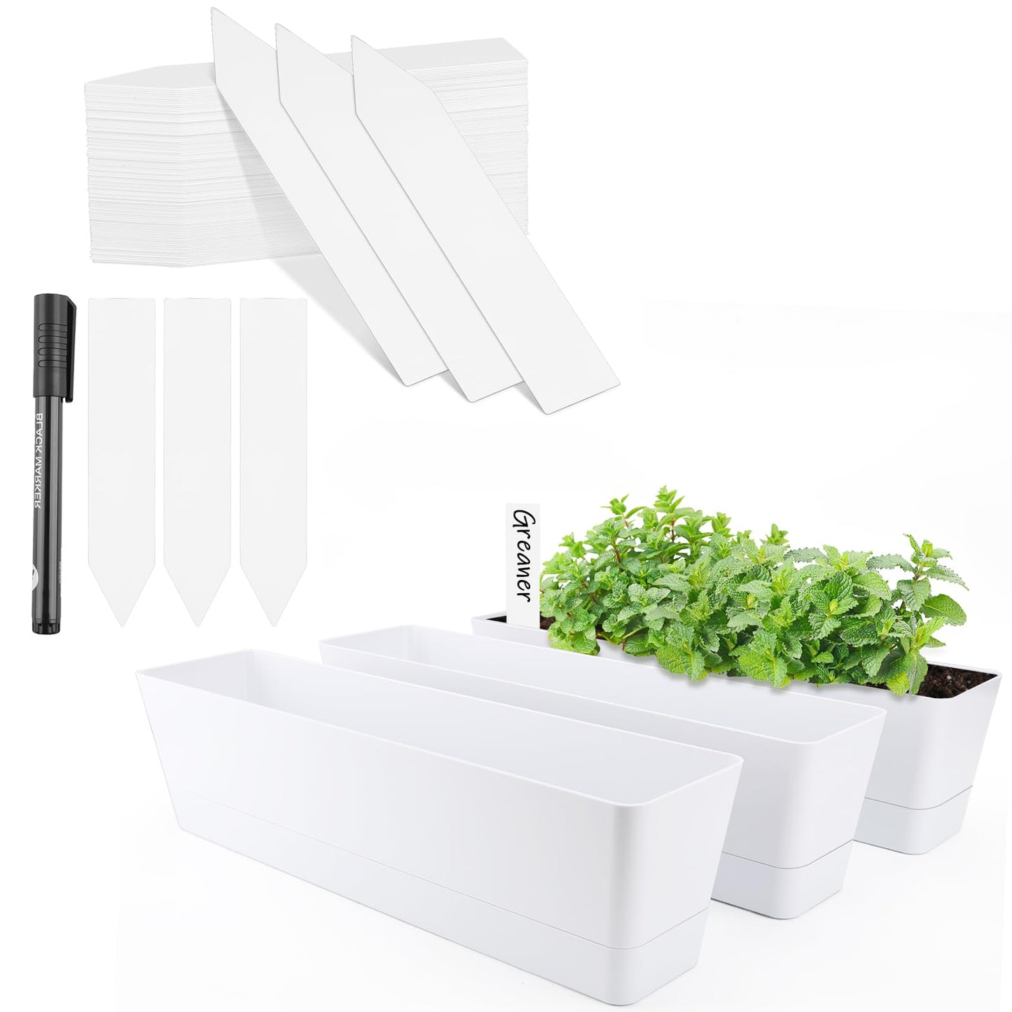 GREANER Window Boxes Planters with 100PCS 4inch White Plant Label, 3PCS 16x3.8 Inch Large Herb Planters with Tray, Indoor Succulent Cactus Flowers Vegetable Plastic Rectangle Pots for Balcony, Office,