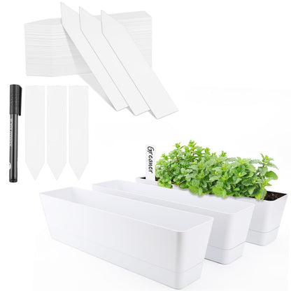 GREANER Window Boxes Planters with 100PCS 4inch White Plant Label, 3PCS 16x3.8 Inch Large Herb Planters with Tray, Indoor Succulent Cactus Flowers Vegetable Plastic Rectangle Pots for Balcony, Office,