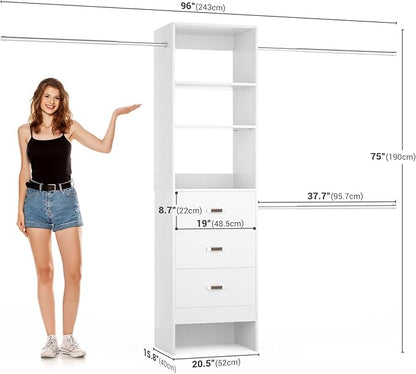 Besiost 96'' Closet Organizer System with 3 Hanging Rods, 8FT Closet Organizers and Storage with 3 Wooden Drawers, Built in Closet Organizer Systems, Adjustable Walk-in Wardrobe from 5-8FT, White