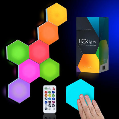 Emberela HEXlights Sensory Lights for Teens - 7pk Touch Hexagon Lights, Remote Controlled - Autism-Friendly Tap Tap Wall LED Panels for Sensory Room - Table Stand Included