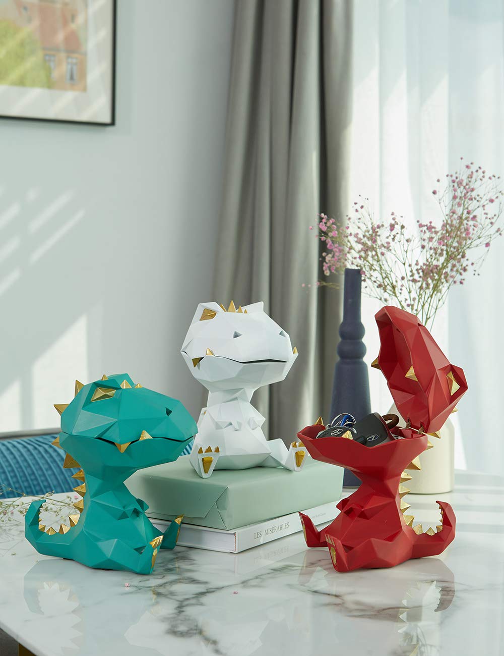 HAUCOZE Dinosaur Candy Dish Cookie Jar Storage Statue Modern Home Decor Sculpture Table Centerpiece Gift for Living Room Green 7.5 Inch