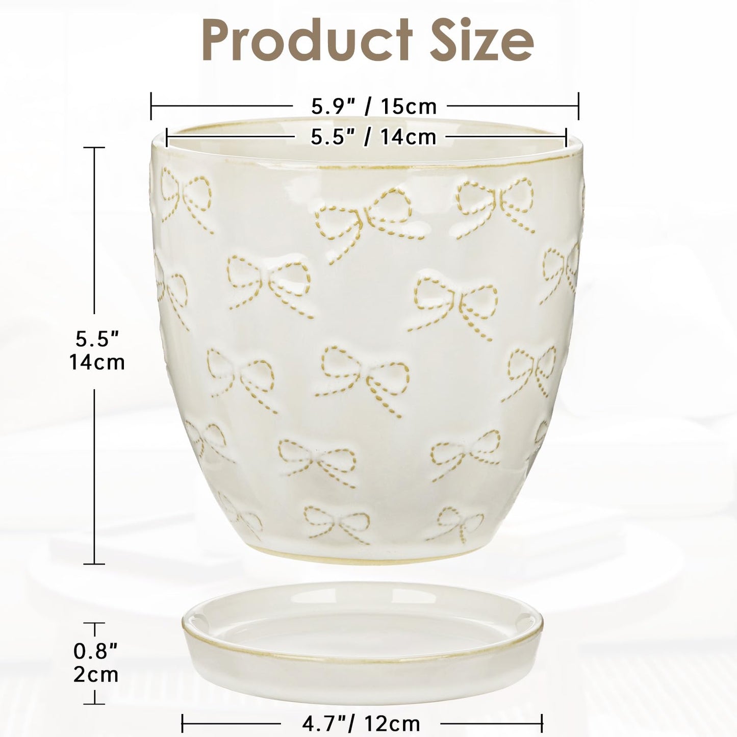 Hollyone 6 Inch White Ceramic Planter Flower Plant Pot with Drainage Hole and Saucer for Plants Embossed Indoor Outdoor Garden Embossed Ceramic Glazed Round Pot for Succulent Orchid Bow Pattern