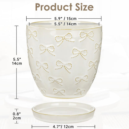 Hollyone 6 Inch White Ceramic Planter Flower Plant Pot with Drainage Hole and Saucer for Plants Embossed Indoor Outdoor Garden Embossed Ceramic Glazed Round Pot for Succulent Orchid Bow Pattern
