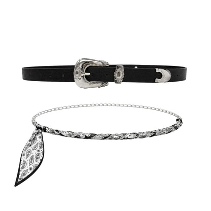 Women’s 2-Pack Belts – Faux Leather Skinny Jean Belt and Scarf Chain Belt – Stylish Waist Accessories for Everyday Wear (Black with B/W Scarf Belt, S/M)