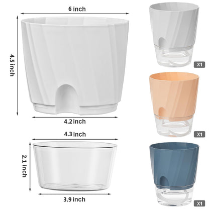 Self Watering Plant Pots 6 Inch, 3 Pack Plastic Indoor Planters with Wick Rope and Reservoir, Decorative Flower Pots for Spider Plant, Orchid, African Violet, Home Office Decor (White, Pink, Blue)