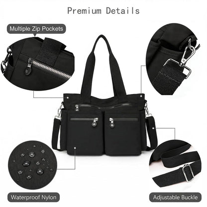 Lamprod Crossbody Aesthetic Tote Bag with zipper Shoulder Messenger School Bag Work Large multi pocket Tote Bag for Women Nylon Purse Casual Travel Handbag Commuter Tote(Black