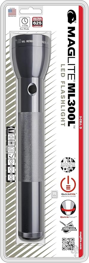 Maglite ML300L LED 3-Cell D Flashlight, Adjustable Focus, Long Battery Life, Water-Resistant, Tactical and Emergency Use – Gray