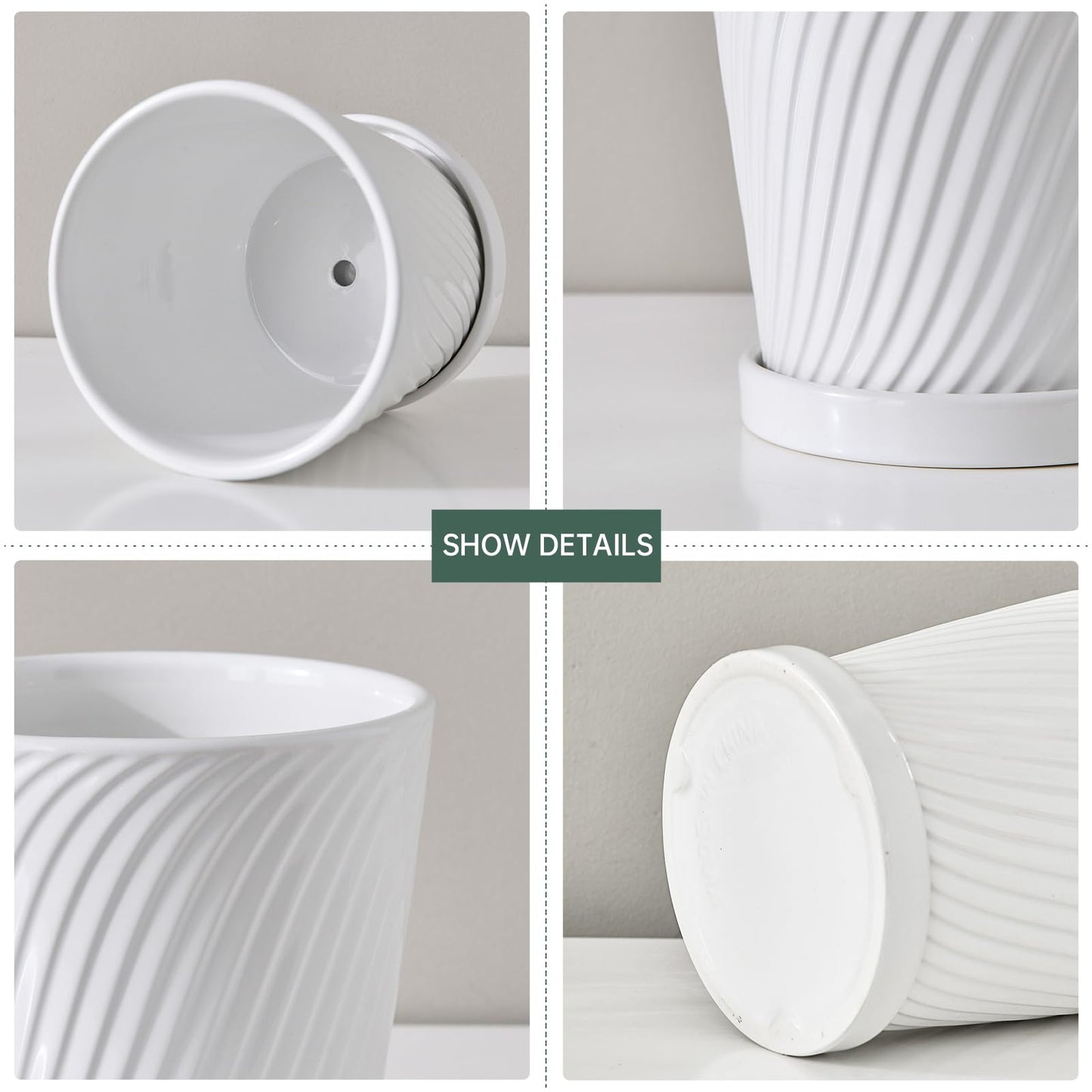 Ton Sin Plant Pots,White 6 Inch Flower Pots for Plants,Ceramic Planter with Drainage Holes,Indoor Planter Pots with Saucer,Outdoor Garden Pots (White, 4 Pack)
