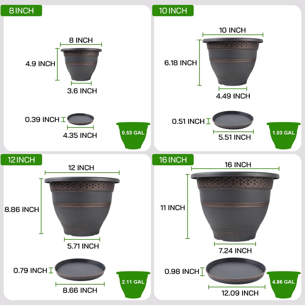 Usocik 12 Pack 10 Inch Retro Plant Pots with Drainage Holes and Saucer for Indoor Outdoor Plants.