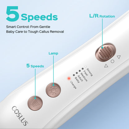 COSLUS Professional Manicure Pedicure Kit, 5-in-1 Electric Nail File for Toenail Hand Feet Care - Wider Grinder for Thick Nails, Cordless, 5 Speed, for Men Women Seniors Home Salon, White, C43(END10)