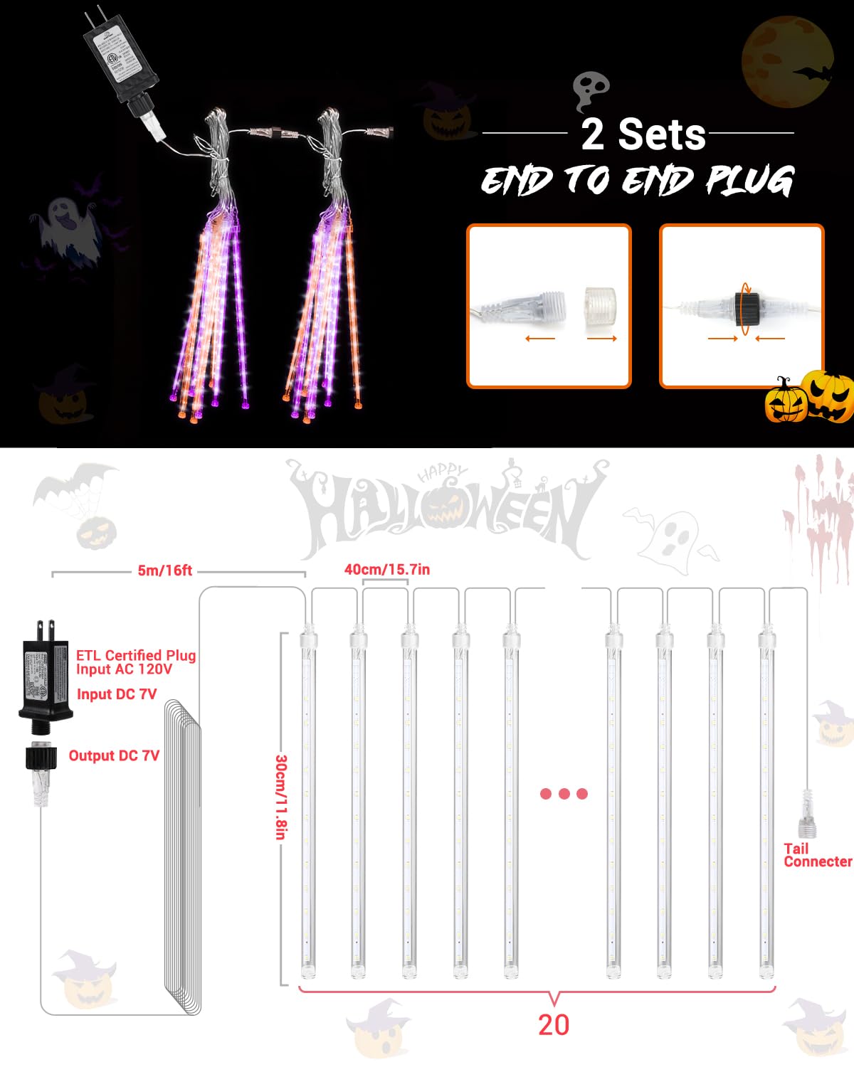 Flacchi Halloween Lights Outdoor 20 Tubes 480 LED Raindrop Meteor Shower Icicle Lights with Timer Function Cascading Light Falling Rain Light for Halloween Orange Purple
