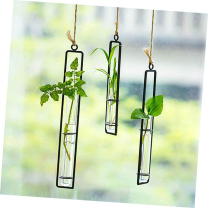 BESTonZON Wall Hanging Hydroponic Glass Test Tube Flower Vase Set with Iron Frame Plant Propagation Tubes for Home Garden Decoration Includes 3 Hemp Ropes and 3 Adhesive Hooks