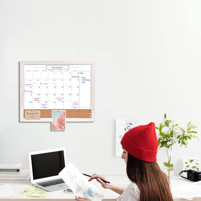 Dry Erase Calendar Whiteboard for Wall, Combination Magnetic Dry Erase White Board & Bulletin Board, 13" x 17" White Wood Framed Calendar/Cork Combo Board,Including 8 Markers and 1 Eraser(WH-3343+1)