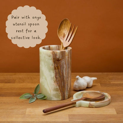 Stone Utensil Holder for Kitchen Countertop, Onyx Marble Stone, 7 Inch Tall