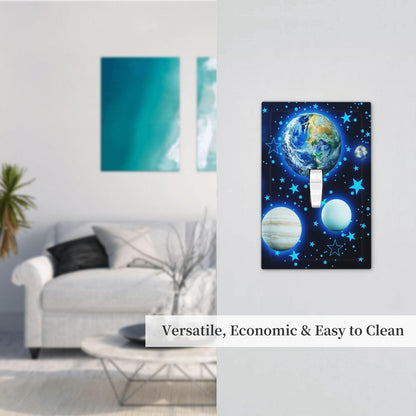 Stars Planet 1 Gang Light Switch Cover Blue Solar Decorative Wall Plate Single Toggle System Glow Switchplate Electrical Faceplate for Home Nursery Decor